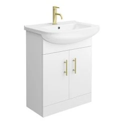 Venice 665 Gloss White Vanity with Brushed Brass Handles - 300mm Depth