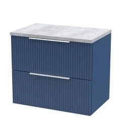Venice Fluted 600mm Blue Vanity Unit - Wall Hung 2 Drawer with Grey Worktop & Chrome Handles