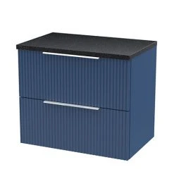 Venice Fluted 600mm Blue Wall Hung Vanity Unit with Black Worktop & Chrome Handles – 2 Drawer Unit