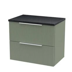 Venice Fluted 600mm Green Wall Hung Vanity Unit with Black Worktop & Chrome Handles
