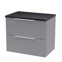 Venice Fluted 600mm Grey Wall Hung Vanity Unit - 2 Drawers with Black Worktop & Chrome Handles
