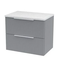 Venice Fluted 600mm Grey Wall Hung Vanity Unit with White Worktop & Chrome Handles - 2 Drawer Modern Design