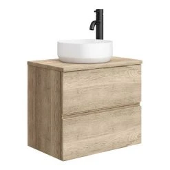 Venice Linea Rustic Oak Countertop Basin Unit - 600mm Wall Hung Vanity with 2 Drawers & Round Matt White Basin