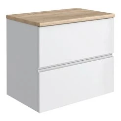 Venice Linea 600mm Satin White Wall Hung Vanity with Rustic Oak Worktop - 2 Drawer Unit