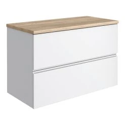 Venice Linea 800mm Satin White Wall Hung Vanity with Rustic Oak Worktop - 2 Drawer Unit
