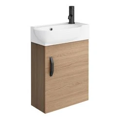 Valencia Perla Wall Hung Vanity with Matt Black Handles - Light Oak Effect (450mm Wide)