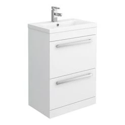 Nuie 600 x 400mm Gloss White Floor Standing Mid Edge Basin & Cabinet - VTFE600