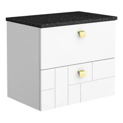 Venice Abstract 600mm White Wall Hung Vanity Unit | 2 Drawers, Black Worktop & Brushed Brass Handles