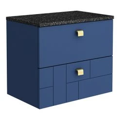 Venice Abstract 600mm Blue Wall Hung Vanity Unit - 2 Drawers, Black Worktop & Brushed Brass Handles
