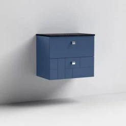 Venice Abstract 600mm Blue Wall Hung Vanity Unit with 2 Drawers, Black Worktop & Chrome Handles -Vanity Units Shop VWH6BLUBLK D1 460