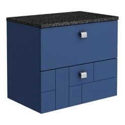 Venice Abstract 600mm Blue Wall Hung Vanity Unit with 2 Drawers, Black Worktop & Chrome Handles