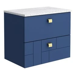 Venice Abstract 600mm Wall Hung Vanity Unit - 2 Drawer with White Worktop & Brushed Brass Handles