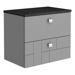 Venice Abstract 600mm Grey Wall Hung Vanity Unit with Black Worktop & Chrome Handles - 2 Drawer Design