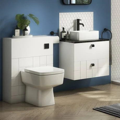 Venice Abstract 600mm White Wall Hung Vanity Unit with Black Worktop & Matt Black Handles - 2 Drawers 5 Venice Abstract 600mm White Wall Hung Vanity Unit with Black Worktop & Matt Black Handles - 2 Drawers - Image 5