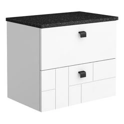 Venice Abstract 600mm White Wall Hung Vanity Unit with Black Worktop & Matt Black Handles - 2 Drawers