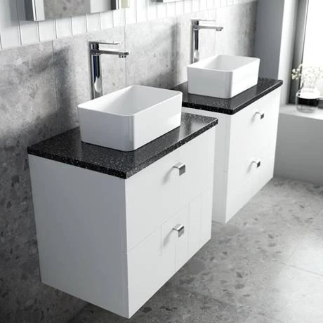 Venice Abstract 600mm White Wall-Hung Vanity Unit - 2 Drawers with Black Worktop & Chrome Handles 4 Venice Abstract 600mm White Wall-Hung Vanity Unit - 2 Drawers with Black Worktop & Chrome Handles - Image 4