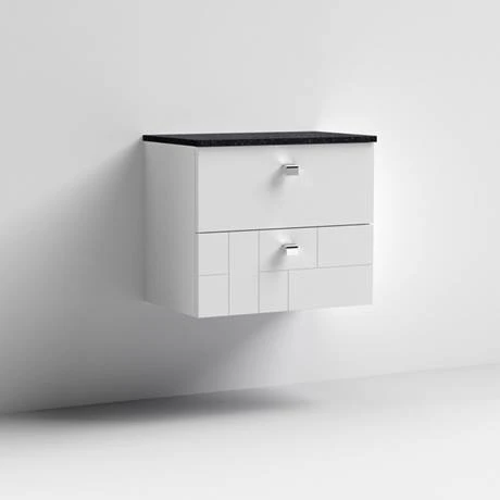 Venice Abstract 600mm White Wall-Hung Vanity Unit - 2 Drawers with Black Worktop & Chrome Handles 3 Venice Abstract 600mm White Wall-Hung Vanity Unit - 2 Drawers with Black Worktop & Chrome Handles - Image 3