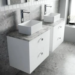 Venice Abstract 600mm White Wall Hung Vanity Unit with 2 Drawers, Grey Worktop & Chrome Handles -Vanity Units Shop VWH6WHIGRE D2 460