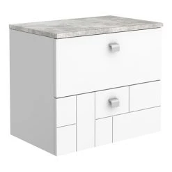 Venice Abstract 600mm White Wall Hung Vanity Unit with 2 Drawers, Grey Worktop & Chrome Handles