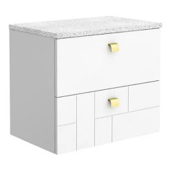 Venice Abstract 600mm White Wall Hung Vanity Unit with 2 Drawers, White Worktop & Brushed Brass Handles