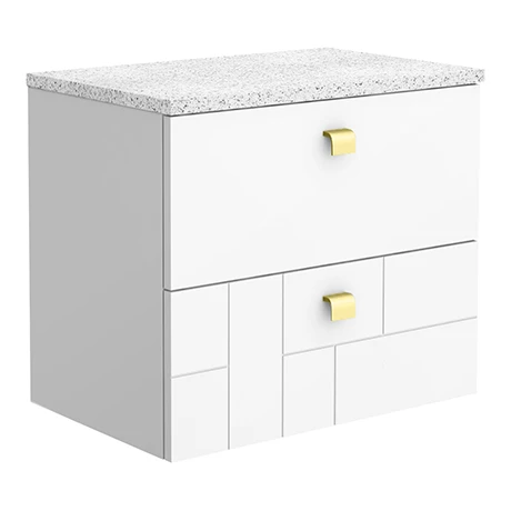 Venice Abstract 600mm White Wall Hung Vanity Unit with 2 Drawers, White Worktop & Brushed Brass Handles 1 Venice Abstract 600mm White Wall Hung Vanity Unit with 2 Drawers, White Worktop & Brushed Brass Handles
