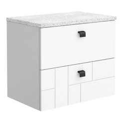 Venice Abstract 600mm White Wall Hung Vanity Unit with 2 Drawers, White Worktop & Matt Black Handles