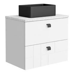 Venice Abstract 600 White Wall Hung Vanity Unit with Matt Black Basin & Handles - 2-Drawer Bathroom Storage Solution