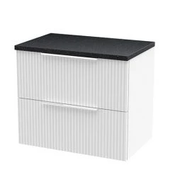 Venice Fluted 600mm White Wall Hung Vanity Unit - 2 Drawer Unit with Black Worktop & Chrome Handles